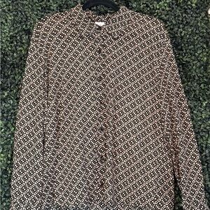 Cabi Geometric Print Button-Front Blouse in Olive, Black, & Cream